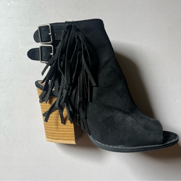 Qupid open toe fringe booties 6.5 black - Picture 1 of 8